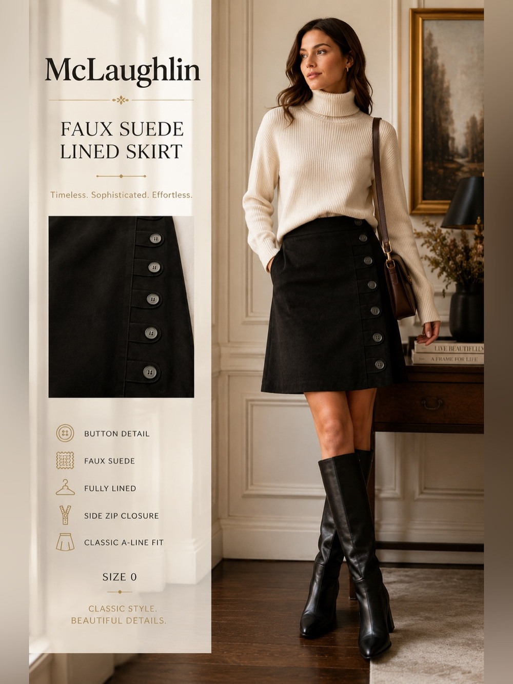 McLaughlin Black Faux Suede Button Detail Lined Skirt Size 0 XS Sexy Classic